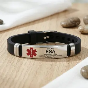 Emotional Support Animal Medical Alert Silicone Bracelet, Under Federal Law Protected Adjustable Wristband, ESA Owner ID Bracelet for Men Women