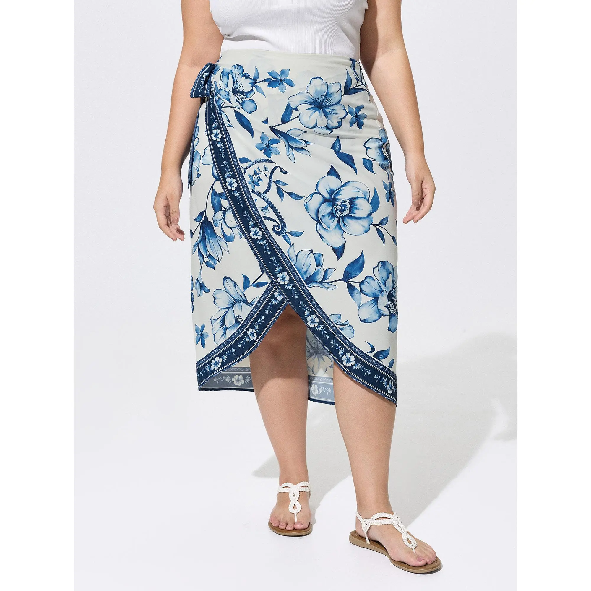 BloomChic Women's Plus Size Bohemian Floral Print Midi Skirt, Breathable Light Blue Polyester with a Flattering Wrap Tie, Flowy for Everyday Summer Resort Wear, Bottoms, Simple, Midi Skirts, Flowers, Smooth, Fabric, Comfy, Plus Size Skirts