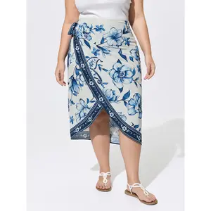 BLOOMCHIC Women's Plus Size Bohemian Floral Print Contrast Wrap Tie Midi Skirt [M-6X, 14–16 / 1X, 18–20 / 2X], 2026 Summer, Light Smooth Polyester Fabric, Flattering Fit, Light Blue Resort Midi Skirts