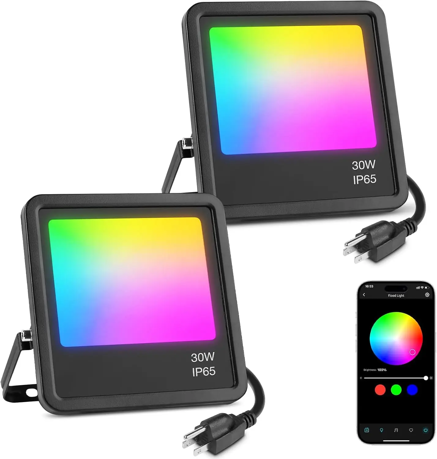 Lepro 30W Smart Flood Lights Outdoor, 2700LM RGBW Color Changing, IP65 Waterproof, 2700K Warm White & 16M Colors, App/Voice/Alexa/Google Home Control, US Plug, 2 Pack