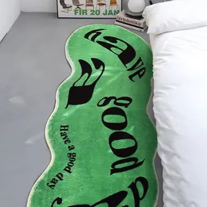 Have a good day English letter pattern carpet green irregular shape bedside plush carpet ins style bedroom decoration carpet modern trend living room carpet home washable entrance door mat Modern Indoor Rug
