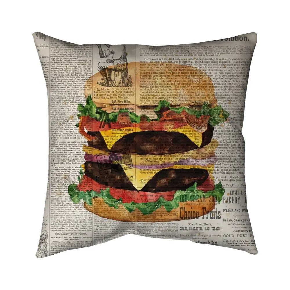 Begin Home Decor 5542-2020-GA79-1 20 x 20 in. Vintage Style All Dressed Double Cheeseburger Throw Pillow - Brown