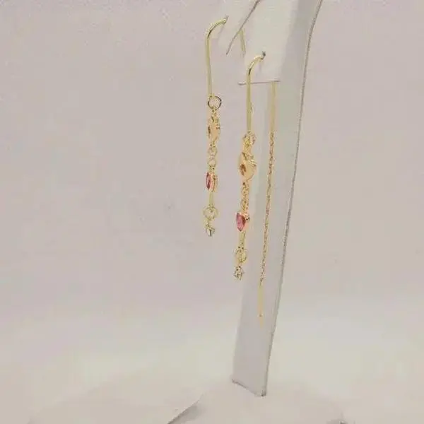 Brand New Brazilian 18k Gold Filled Dangle Heart Locket with Key Pink Gem Earrings
