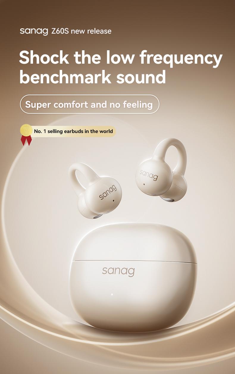 Sanag Z60S Open-ear wireless Bluetooth headset with comfortable wearing, HiFi stereo sound, stable call, and IPX4 waterproof. Perfect for sports, work, and daily use.