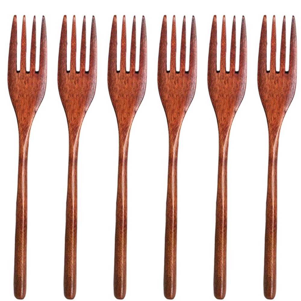 6 Pcs Eco-friendly Japanese Plain Wooden Forks - Reusable Handmade Natural Wood Cutlery Tableware Set, Sturdy Lightweight Durable Easy-to-Clean Flatware for Salad, Outdoor Dining
