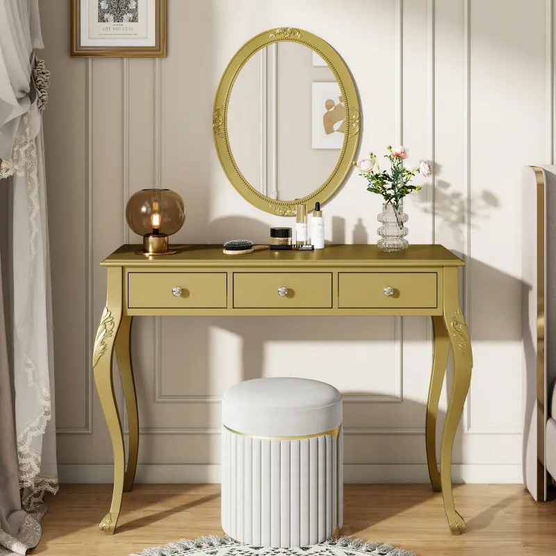 Gold Luxury Makeup Vanity Desk with Oval Mirror, 3-Drawer Dressing Table for Jewelry Storage, Elegant Console Table for Bedroom & Living Room