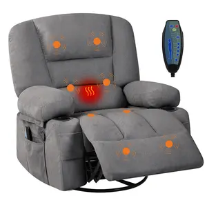 Swivel Rocker Recliner with Massage, Lumbar Heat, 360° Rotation, 8-Section Vibration, and Side Pocket – Deep Grey Chenille, 350-lb Capacity