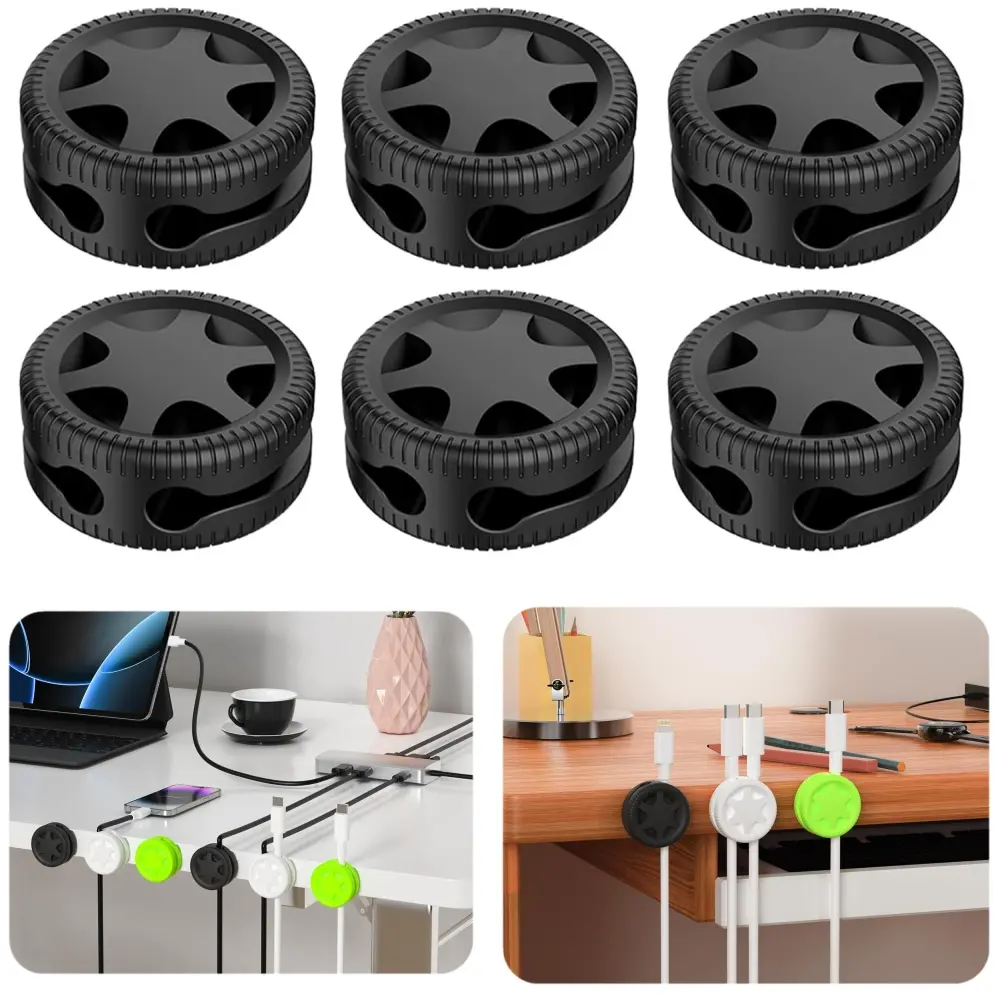 Cable Clips, 6 Pack Black Double Cord Holder for Nightstand | Self-Adhesive Cord Clips, Dorm Room Essentials, Cable Holder for Cords, Cord Management for Desk Office Car Wall