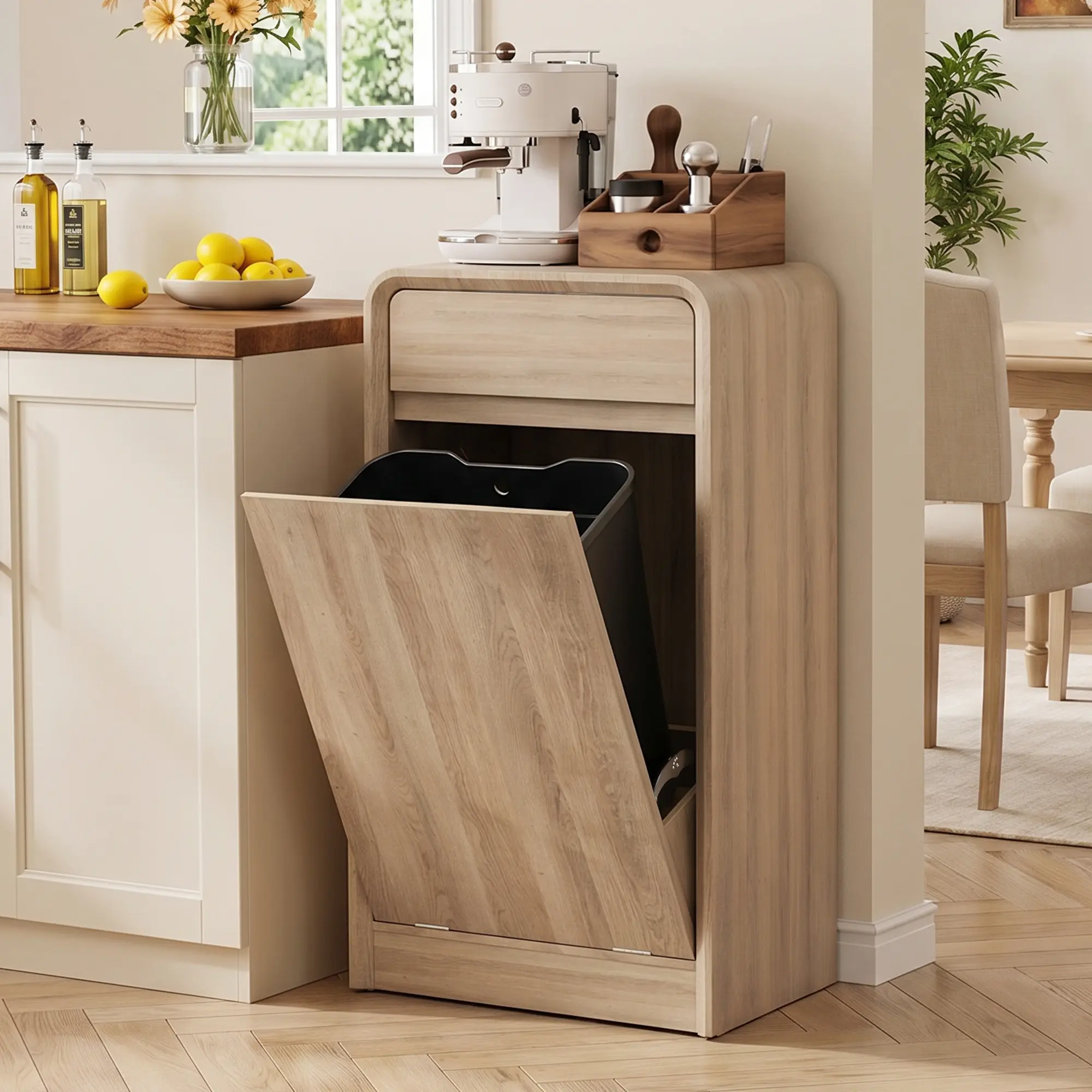【Does Not Include Trash Can】 AHB 13 Gallon Tilt Out Trash Can Cabinet, Hidden Kitchen Garbage Can Storage Cabinet with Drawer, Pet Proof Trash Bin Holder, Natural Oak homeessentials Smooth Cleaning
