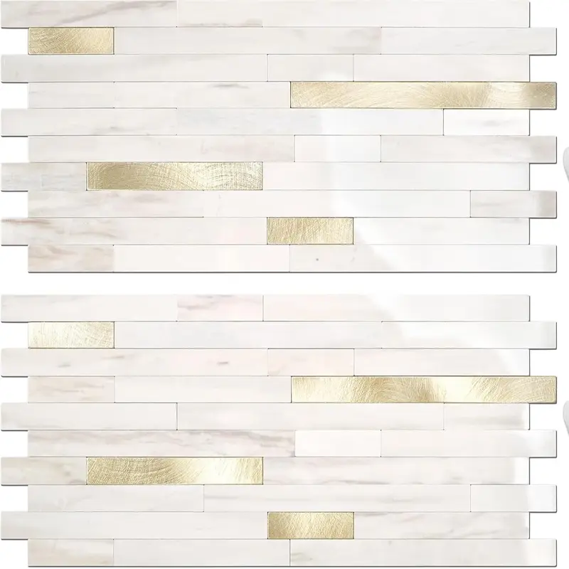 STICKGOO 20 Sheets Peel and Stick Backsplash Tile, Stick on Backsplash for Kitchen and Bathroom, Sunny Beige Look PVC Mixed Metal Gold Self Adhesive Wall Tiles Home Modern