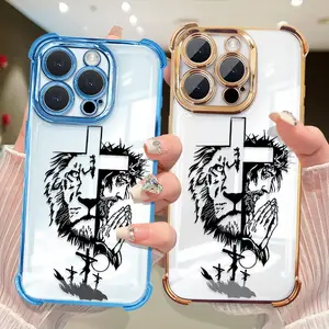 Jesus cross four-corner airbag electroplated shell, suitable for iPhone 11, 12, 13, 14, 15, 16, 17promax, anti-fall tpu material mobile phone case, transparent smartphone case Compatible with Samsung Galaxy S25