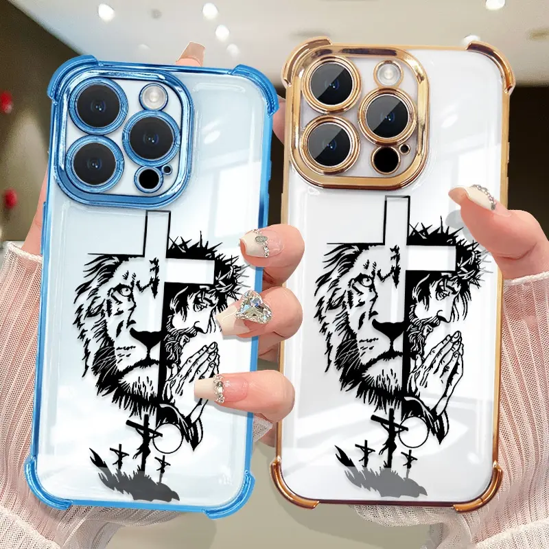 Jesus cross four-corner airbag electroplated shell, suitable for iPhone 11, 12, 13, 14, 15, 16, 17promax, anti-fall tpu material mobile phone case, transparent smartphone case Compatible with Samsung Galaxy S25