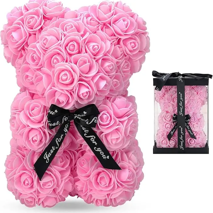 Handmade Preserved Flower Teddy Bear (4/7 in) - Luxury Satin Transparent Scratch-Resist Gift Box Included, Decorative Mint/Pink Options, Unique Memory Gift, Ideal for Anniversary Occasions