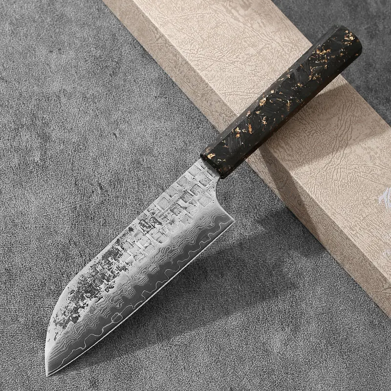 Yuanren 7'' Carbon Fiber Santoku Knife - W61F 61-Layer Hammer-Forge Damascus Stainless Steel Blade, Black Gold Carbon Fiber Handle with Gold Foil, Kitchenware Cooking Cut Knives Utensils for Dora's Kitchen