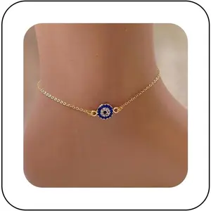Boho Evil Eye Ankle Bracelet Vintage Eye Wax Rope Anklet Bracelet Blue Crystal Eye Ankle Bracelet CZ Demon Eye Foot Chain Jewelry for Women