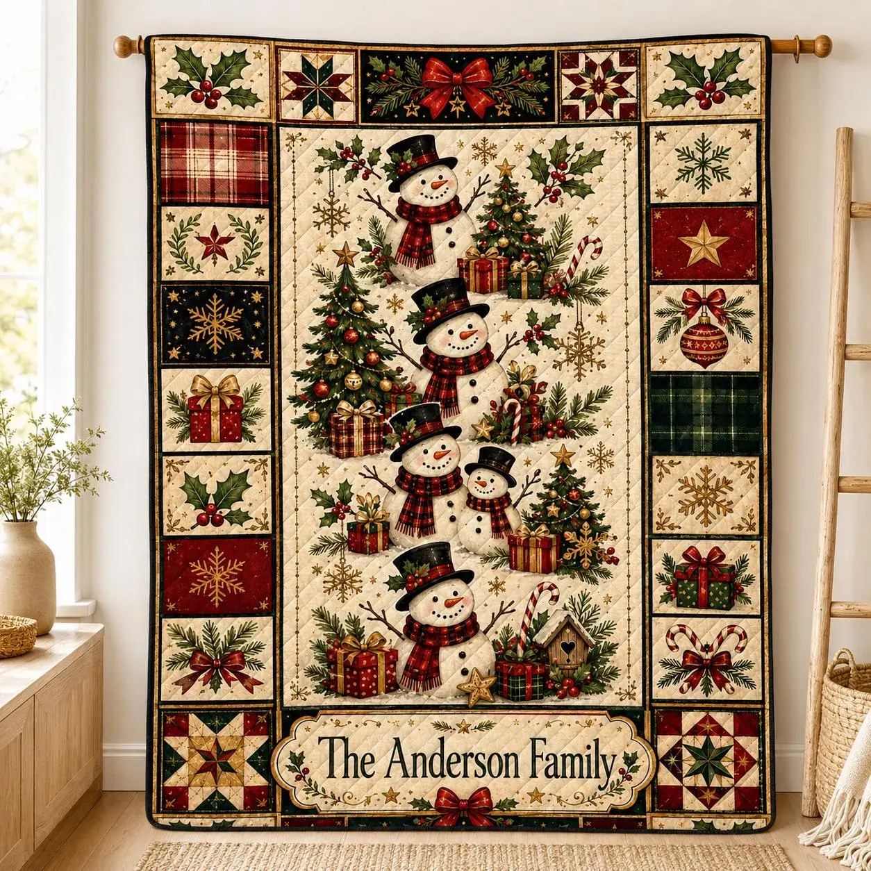Personalized Christmas Quilt Blanket Custom Family Name Snowman Throw Blanket Vintage Holiday Printed Art Farmhouse Style Home Decor Christmas Gift For Family Friends