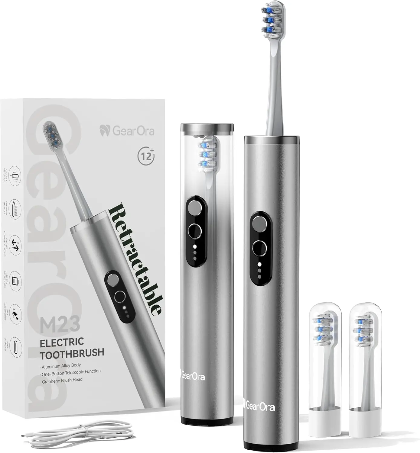 Retractable Portable Sonic Toothbrush, Aluminum Body, 30-Day Battery, Universal USB-C Charging, IPX7 Waterproof, Compact Travel Size ToothbrushTravel Electric Toothbrush for Adults