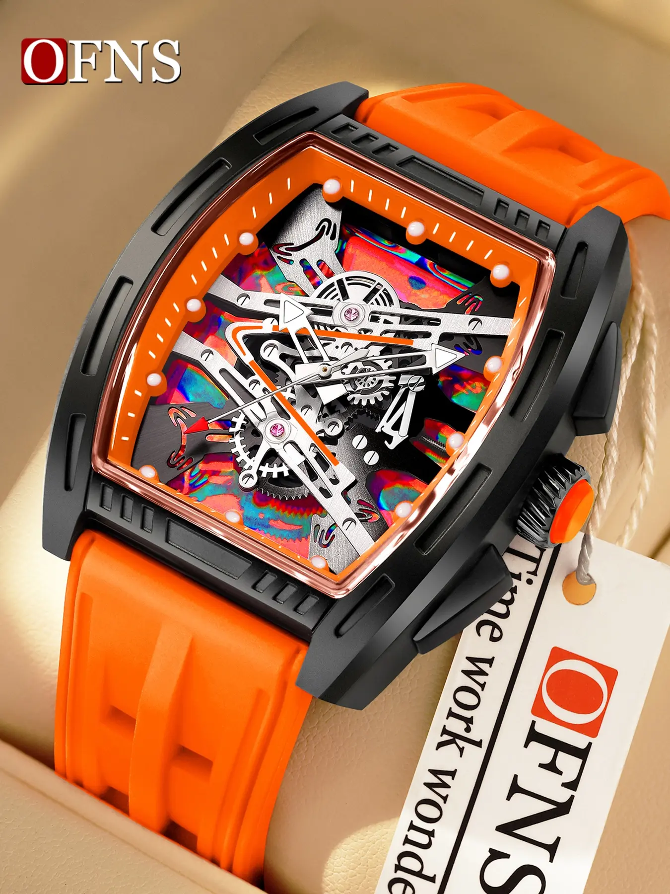 Ofns Luxury Brand Wine Barrel Dial Watch, Luminous Waterproof Sports Quartz Watch, Cool Classic Men's Watch, Trendy and Stylish, High End Watch, Analog Watches, Quartz Wristwatch