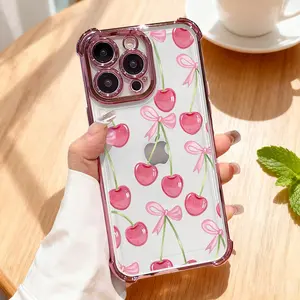 Pink Cherry Bows Pattern Phone Case,Electroplated Cover with Airbag Shockproof Slim Soft TPU Cover for iPhone X 11 12 13 14 15 16 17 Pro Max Plus Air
