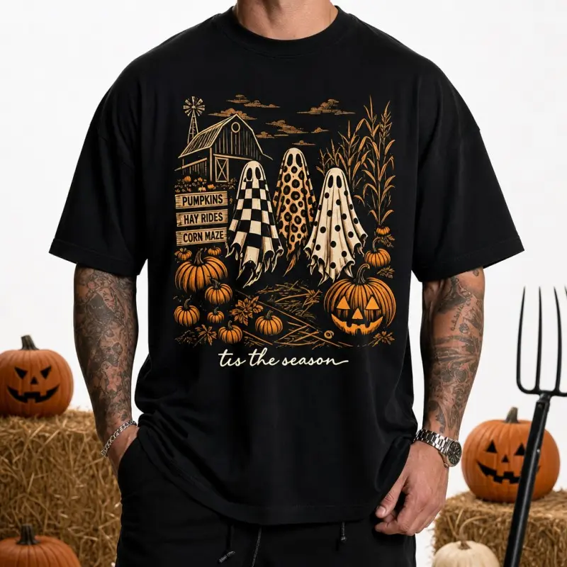 Men's Retro Fall T-Shirt, Country Farm Ghost Graphic, Pumpkin Patch Vibes, Comfy Autumn Top.