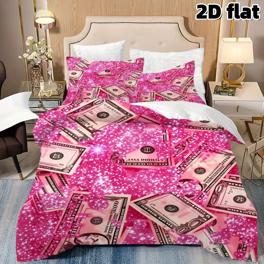 2D Flat 3Pcs Glitter Pink Money Theme Decorative Duvet Cover, Aesthetic Banknote Print Bedding, Soft Microfiber Comforter with 2 Pillowcases (Unfilled) for Bedroom Decor, Teens Girls Room, Home, Duvet Cover Sets