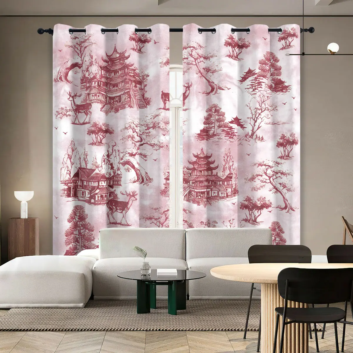 70%-80% Blackout Toile Curtains for Bedroom, 84 Inch Length Drapes Toile de Jouy French Country Printed Country for Living Room, Room Divider Sunshade with Holes, Perfect for Bedroom Kitchen Holiday Decorations