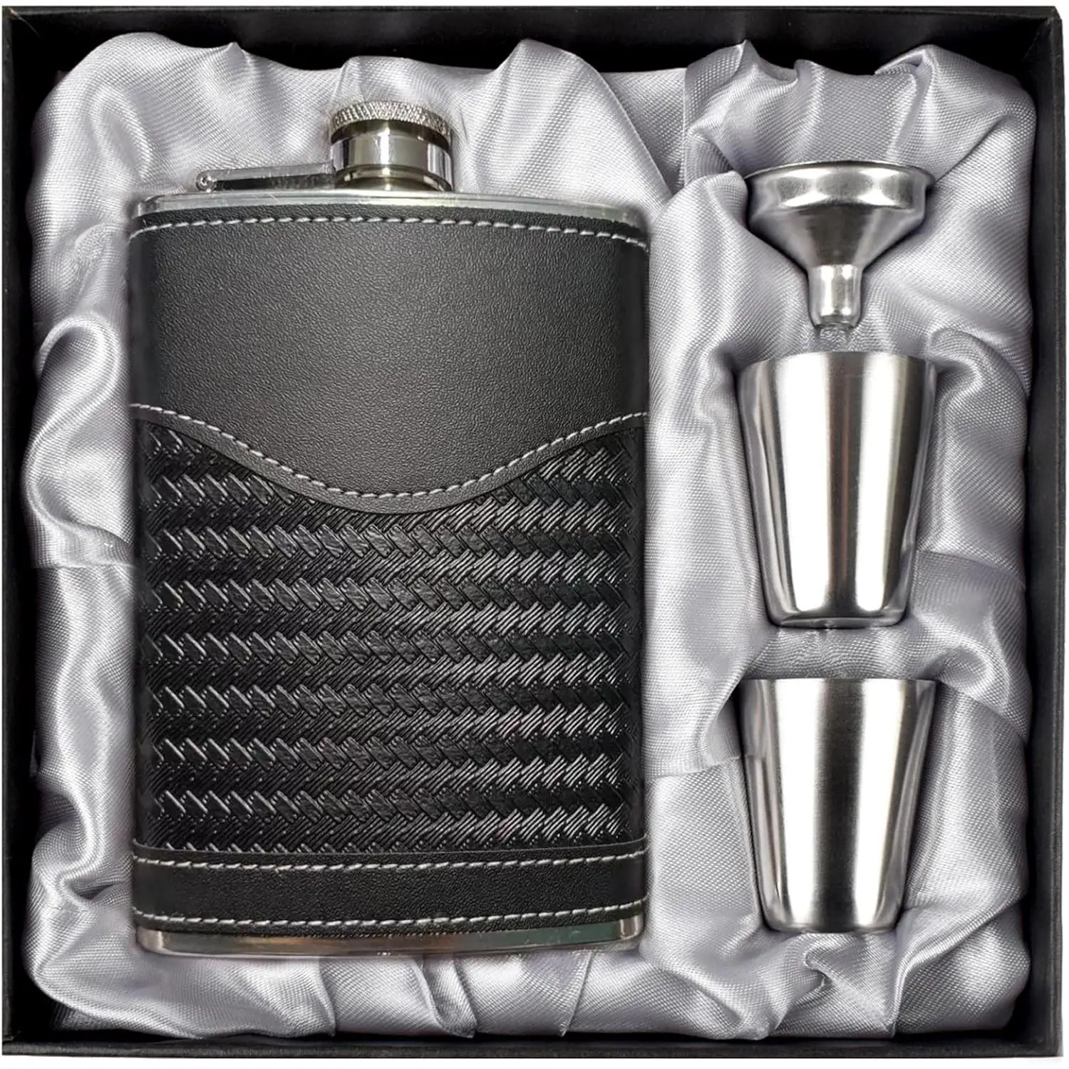 Flasks for Men Leather  Flask  Set, Flask 304 Stainless Steel Flask Set w/Funnel Shot Glasses  for  Rum Groomsman  Man Usher Wedding-Leather Stripe Black-8oz