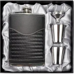 Flasks for Men Leather  Flask  Set, Flask 304 Stainless Steel Flask Set w/Funnel Shot Glasses  for  Rum Groomsman  Man Usher Wedding-Leather Stripe Black-8oz
