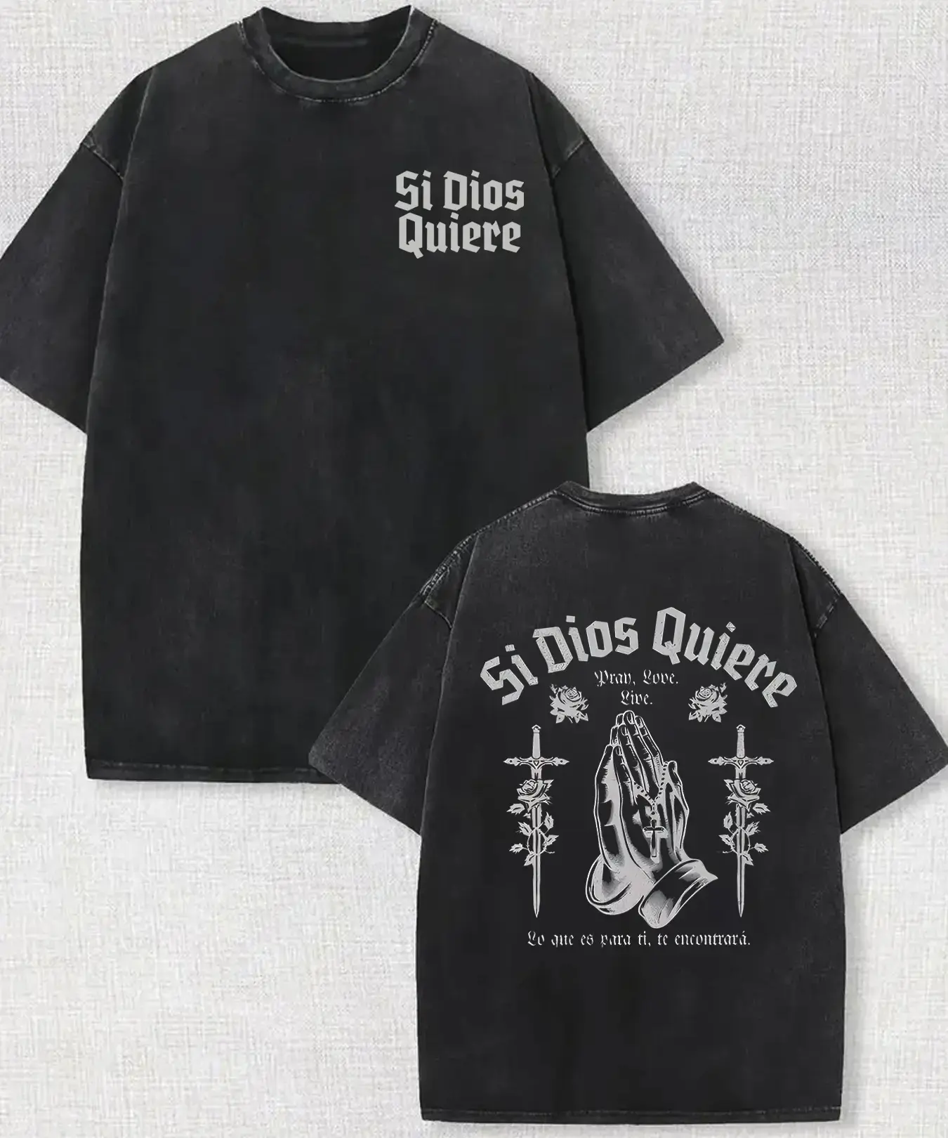 Men's Heavyweight 230gsm Batik Cotton T-Shirt - Spanish Religious Prayer & Our Lady of Guadalupe Print, Loose Fit Short Sleeve Casual Streetwear, Catholic Faith Apparel Gift for Family Gatherings Soft Washed Cotton Short Sleeve vintage  unisex Tee