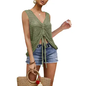 FMEYOA Womens Crochet Top Oversized V Neck Summer Flowy Crop Tops Shirts Boho Pullover Sweaters