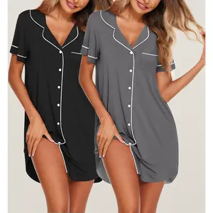 Women's 2-Pack Button Down Sleepshirts – Soft Short Sleeve Nightgowns, Boyfriend Style Pajama Dress.Comfortable Sleepwear for Bedroom, Lounge & Relaxation.Lightweight & Breathable.