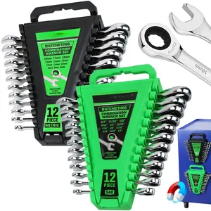 24-Piece Combination Ratchet Wrench Set, Metric (6-18mm) & SAE (1/4''-3/4'') Wrenches Set, 12-Point 72-Tooth Ratchet Spanners with Magnetic Base Organizer, Chrome Vanadium Steel for Auto Mechanic Tool