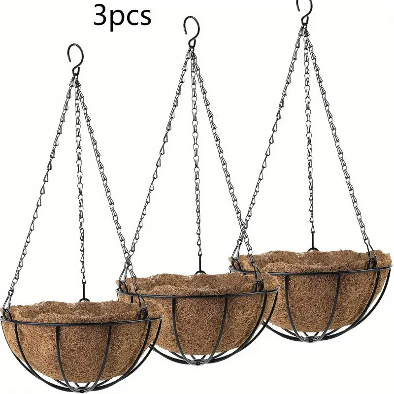 3pcs Hanging Plant Basket Set, Rust-Proof Chains, Coconut Fiber Mats, Hanging Planters for Both Indoor/Outdoor Garden, Porch Decoration
