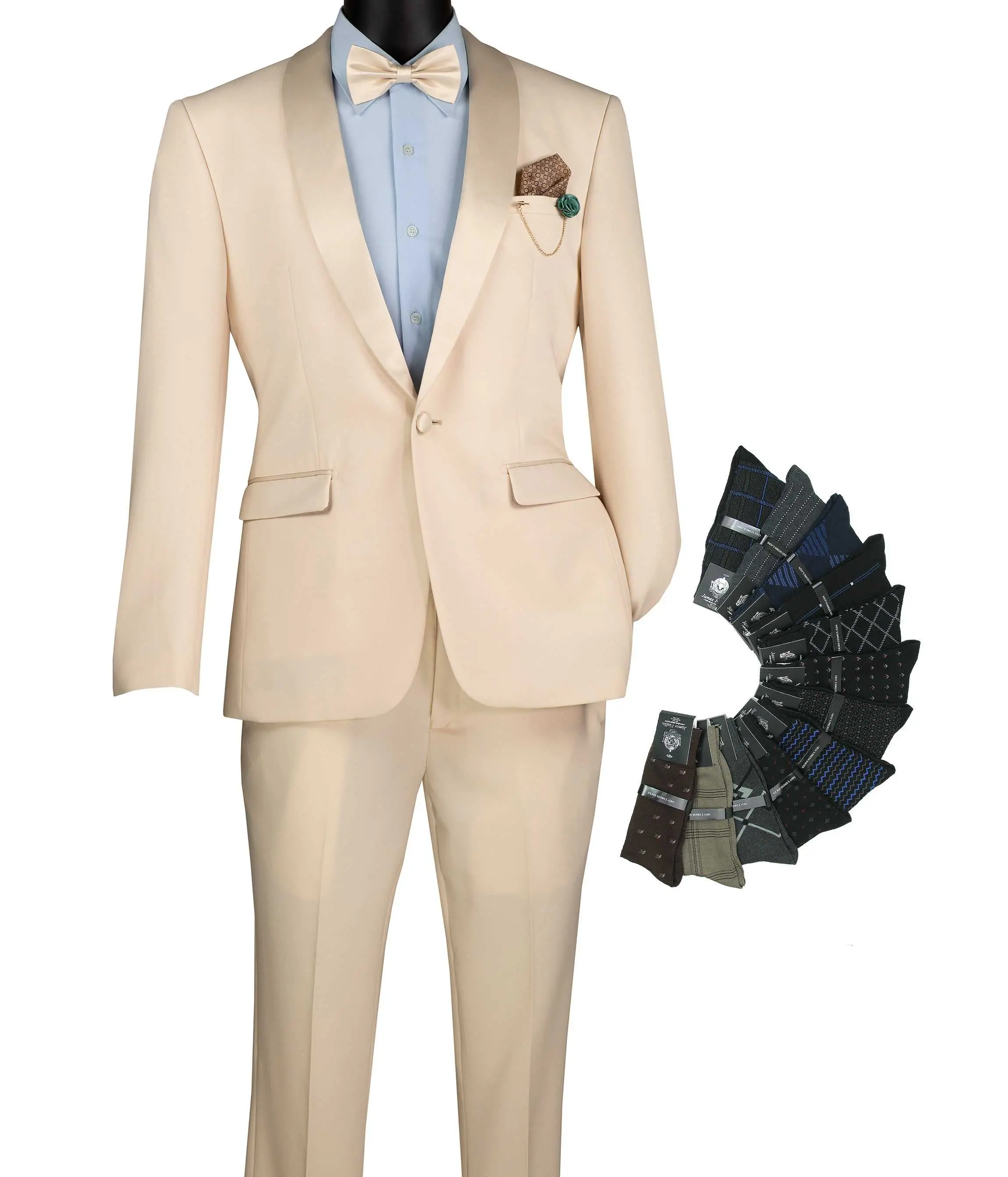 Luxurious Men Slim-Fit Stretch CHAMPAGNE Tuxedo, Adjustable Waist Band, Bow Tie, Pocket Square & Socks