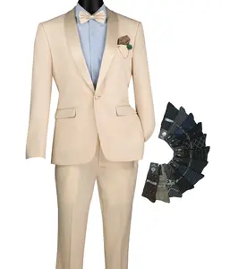 Luxurious Men Slim-Fit Stretch CHAMPAGNE Tuxedo, Adjustable Waist Band, Bow Tie, Pocket Square & Socks