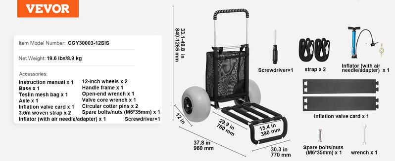 VEVOR Beach Dolly with Big Wheels for Sand, TikTokShopBlackFriday, 29.9" x 15.4" Cargo Deck, w/ 12" BIG Wheels, 165LBS Loading Capacity Folding Sand Cart & 27" to 44.7" Adjustable Height, Heavy Duty Cart for Beach VEVOR Super Brand Day