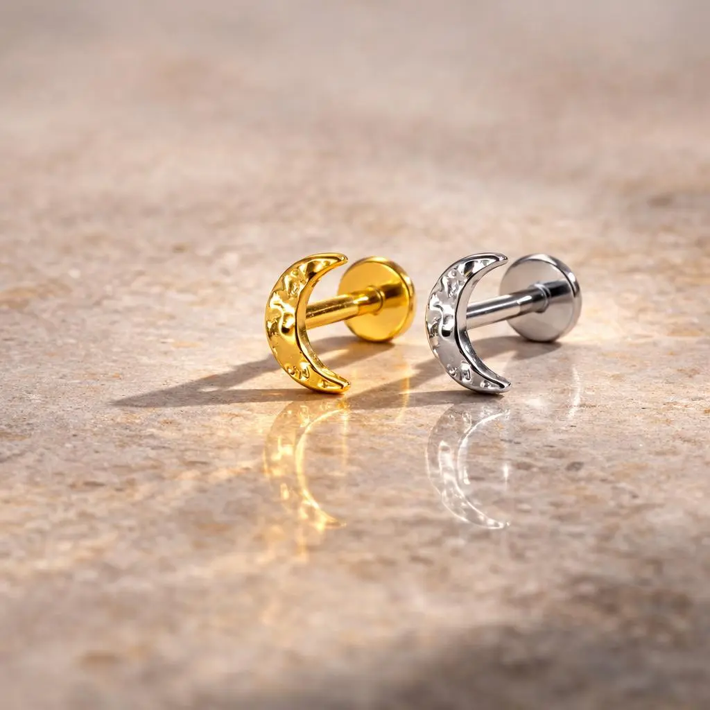 Piercing Jewelry,  Titanium Moon Hammer Finish Flat Back Earring, Celestial Labret Studs, Cartilage Nose Tragus Conch Helix Stud, Screw Back Earrings