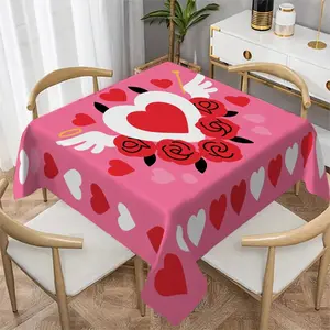 Pink Base Heart Rose Cupid Rectangular Tablecloth, Sweet Romantic Patchwork, Ideal for Valentine's Day - Polyester Table Cover, Table Accessories, Dining Textile, Home & Kitchen Supplies, Ideal for Events, Weddings, Banquets, Gatherings, Outdoor Parties