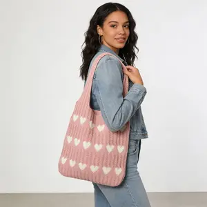 Sweet Heart Decor Knitted Shoulder Tote Bag, Spacious Casual Daypack for Ladies work Shopping Outdoor Hangout
