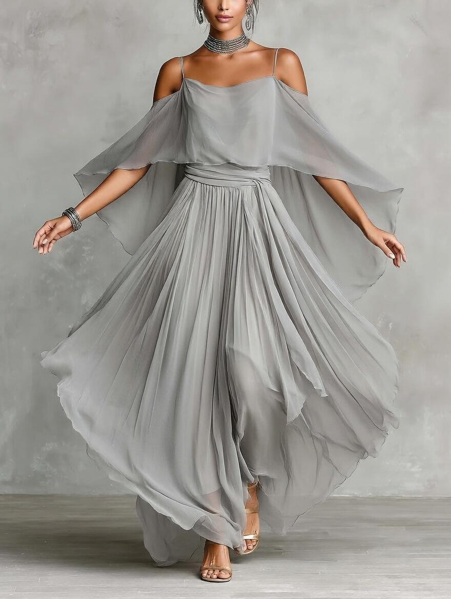 Women's Elegant 2 Piece Chiffon Pantsuit Set - Cold Shoulder Cape Top & High Waist Flowy Wide Leg Palazzo Pants for Wedding Guest, Evening Party