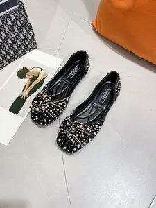 Elegant Rhinestone Pearl Square Buckle Low Heel Shoes, Soft Sole Commuter Shoes, Comfortable Round Toe Flat Shoes for Events and Dates, Women, Soft Sole Flats