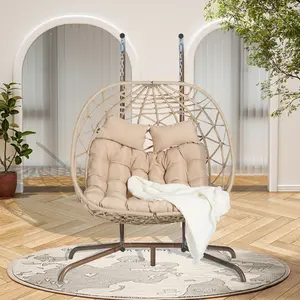 Double Wicker Rattan Hanging Egg Chair with Stand, UV-Resistant Cushions, 600 lbs Capacity for Indoor Bedroom, Outdoor Balcony & Patio