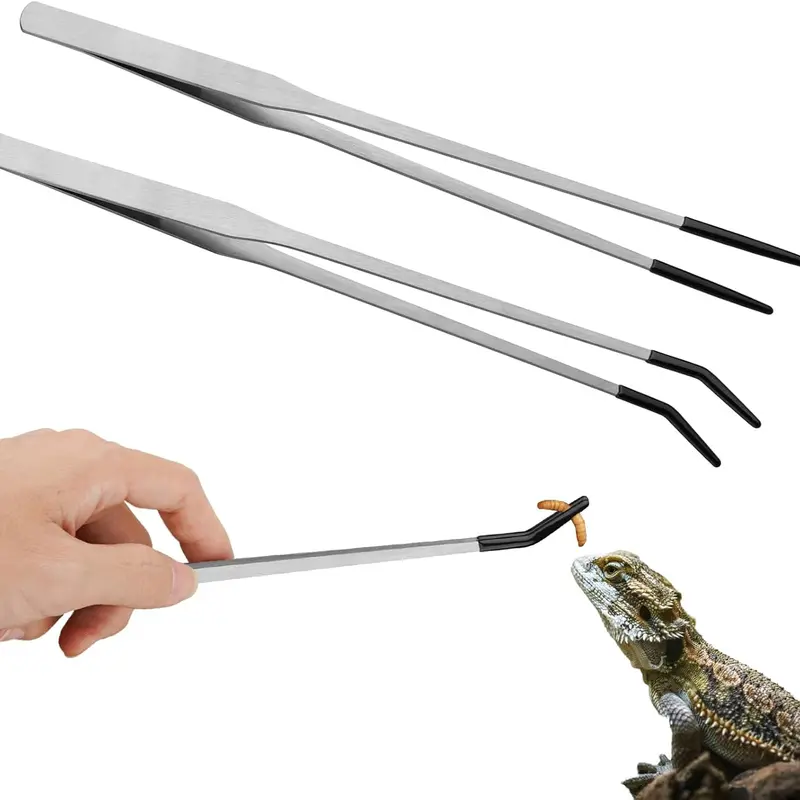 2PCS Durable Stainless Steel Reptile Feeding Tongs Pair - 10.6 inches Straight/Curved Long Reach Tweezers, Anti-slip Rubber Tips, Ergonomic Design, Precise Feed Control, Safe Handling, Worms/Crickets Hold, Bearded Dragon Protection,sohochic