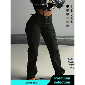 Women'sPlainDrawstringHighWaistCargoPants,CasualComfortBasicY2kStyleStreetwearPocketDesignTrousersforDailyWear,WomenswearforFall&Winter