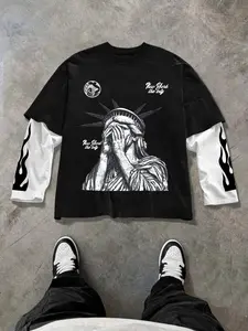 Men's 2 in 1 Statue Of Liberty & Fire Flame Print Long Sleeve Tee, Regular Fit Casual Streetwear Fashion T-shirt for Spring & Fall, Men's Top for Daily Wear, Crewneck