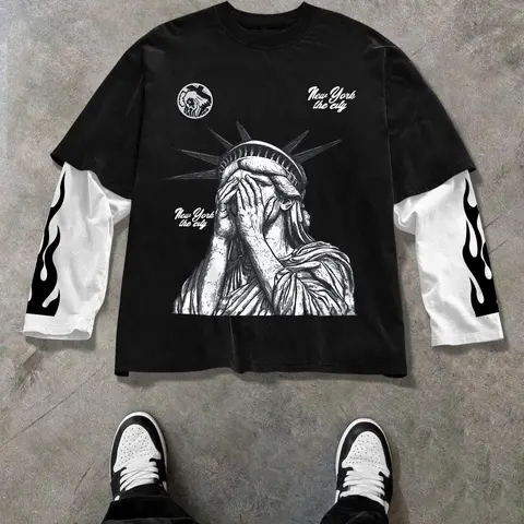Men's 2 in 1 Statue Of Liberty & Fire Flame Print Long Sleeve Tee, Regular Fit Casual Streetwear Fashion T-shirt, Menswear for Spring & Fall, Men's Top for Daily Wear, Crewneck, Clothes