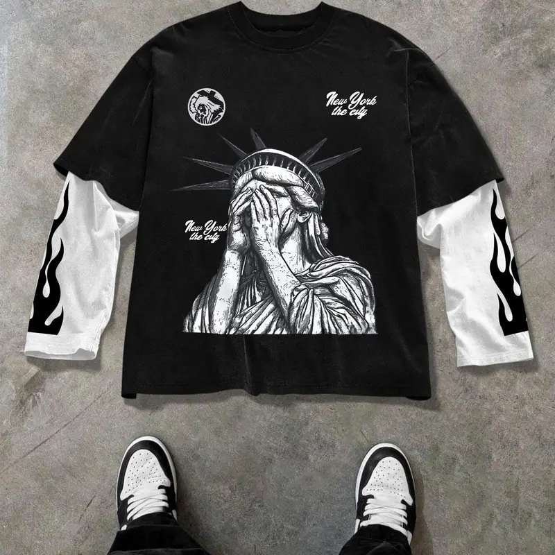 Men's 2 in 1 Statue Of Liberty & Fire Flame Print Long Sleeve Tee, Regular Fit Casual Streetwear Fashion T-shirt, Menswear for Spring & Fall, Men's Top for Daily Wear, Crewneck, Clothes