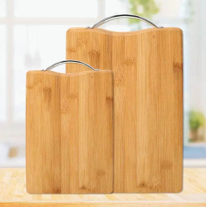 2-Piece Natural Bamboo Cutting Board Set With Metal Handles, durable solid bamboo prevents scratches for daily kitchen prep & charcuterie serving
