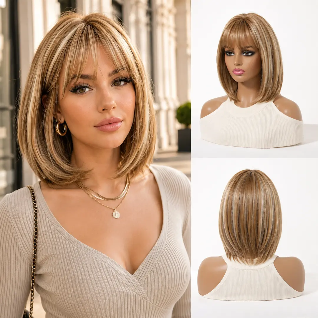Glueless Wigs Ready to Wear, 12 Inch Short Brown Mixed Blonde Bob Wig with Bangs for Women, Natural Looking Synthetic Glueless Wig, Heat Resistant Fiber for Daily Wear, Party & Cosplay