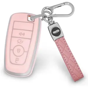 Pink Key Fob Cover for Ford Fits for Explorer Bronco Escape Edge Expedition Mustang F150 Fusion Ranger Lincoln Premium 4 Buttons TPU Car Key Cover with Keychain